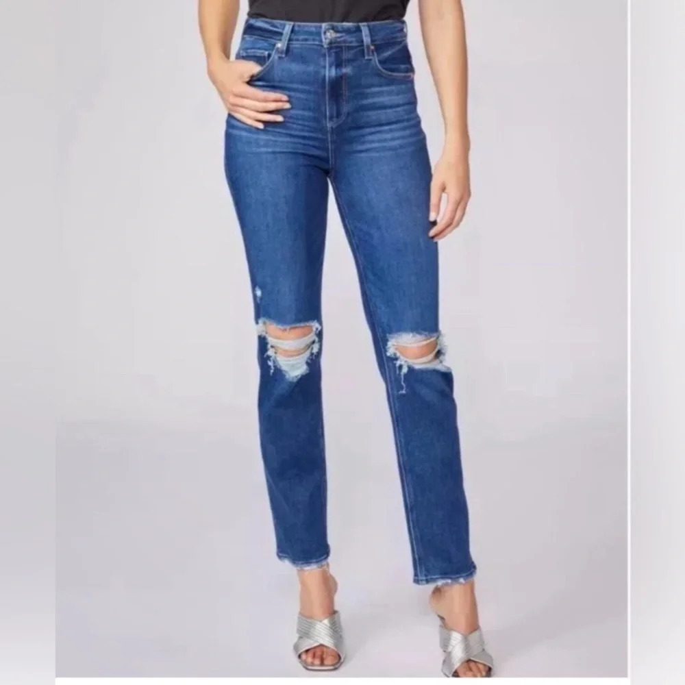 Paige Stella distressed high rise straight leg jeans denim blue 22092